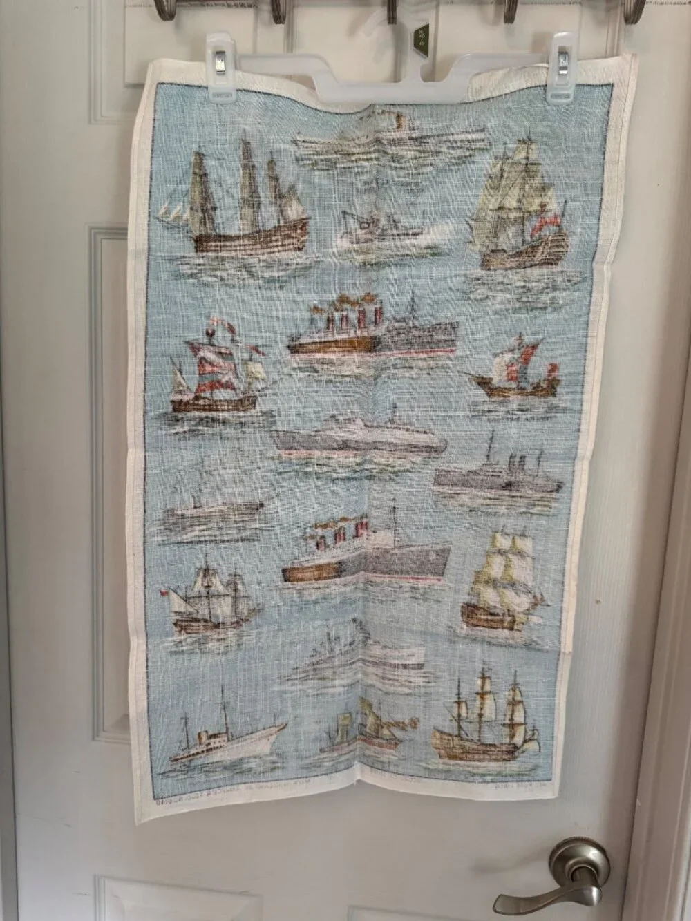 Story Of Ships Vintage Linen Tea Towel Ulster Ireland 30x19 Blue Nautical Theme